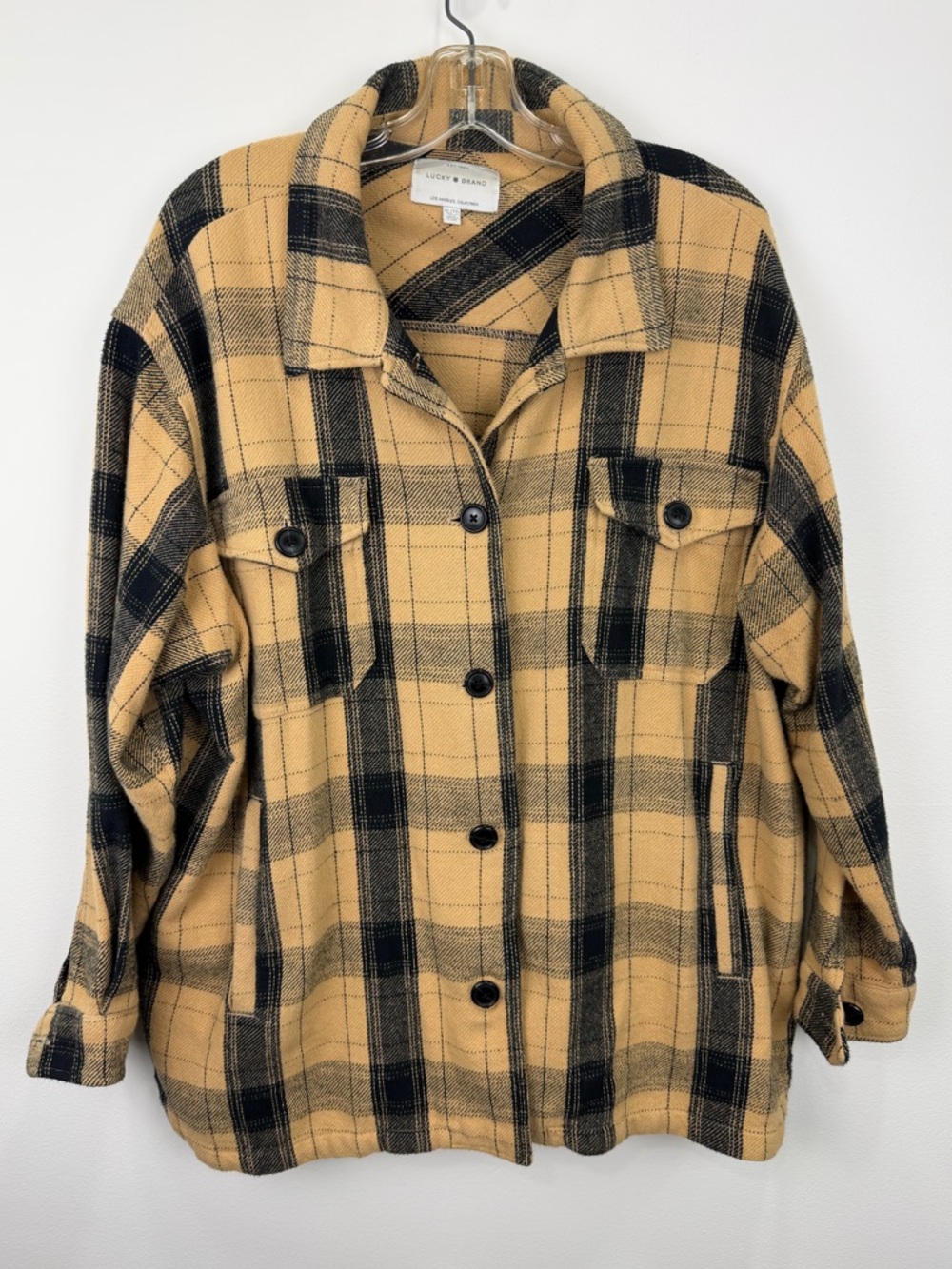 Lucky Brand Tan Black Plaid Shacket Button Up Oversized Core XL